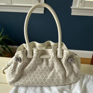Brighton perforated white leather bag with heart charm and dust cover, like new